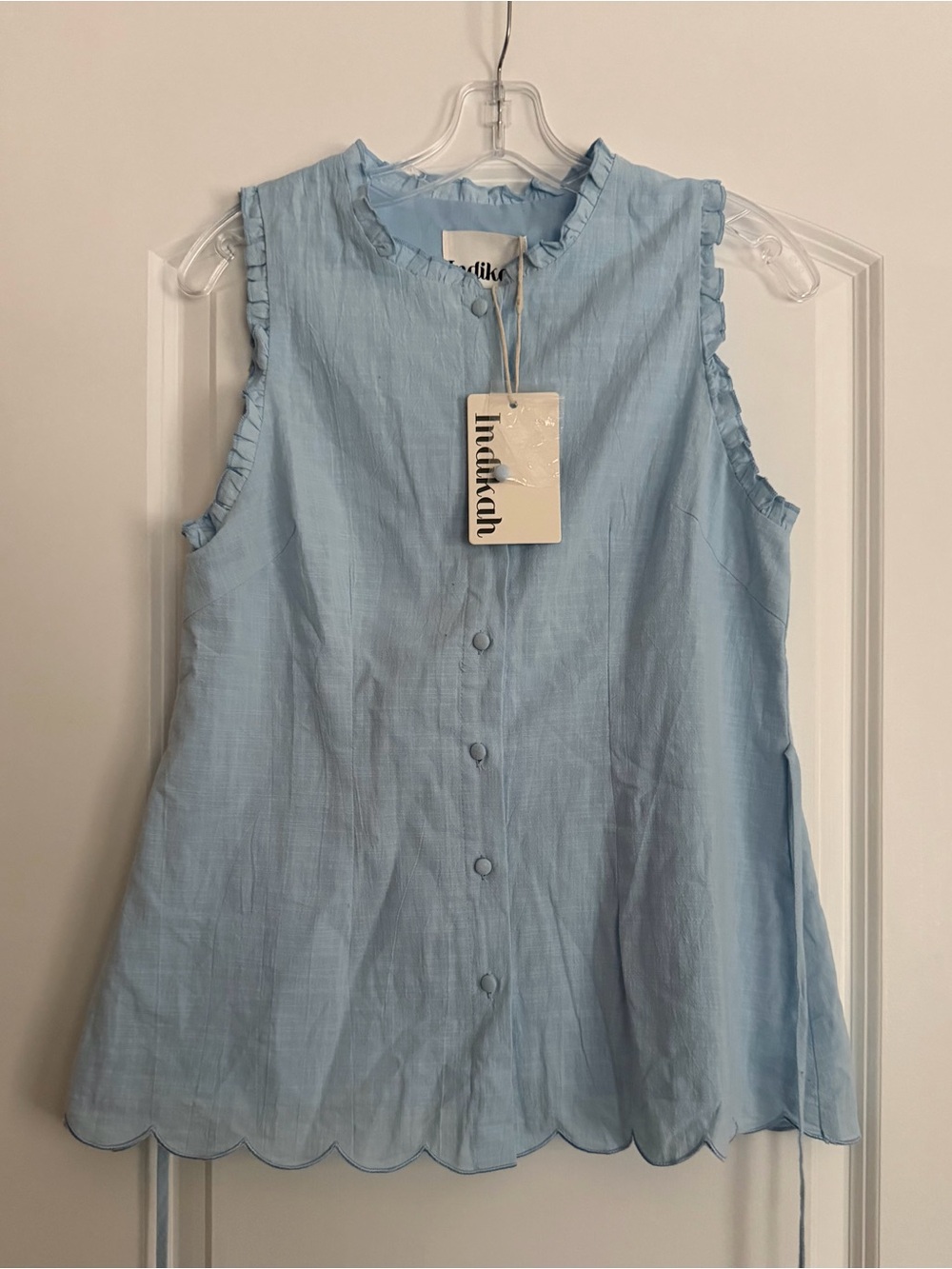 Indikah Light Blue Sleeveless Button-Down Top with Scalloped Hem